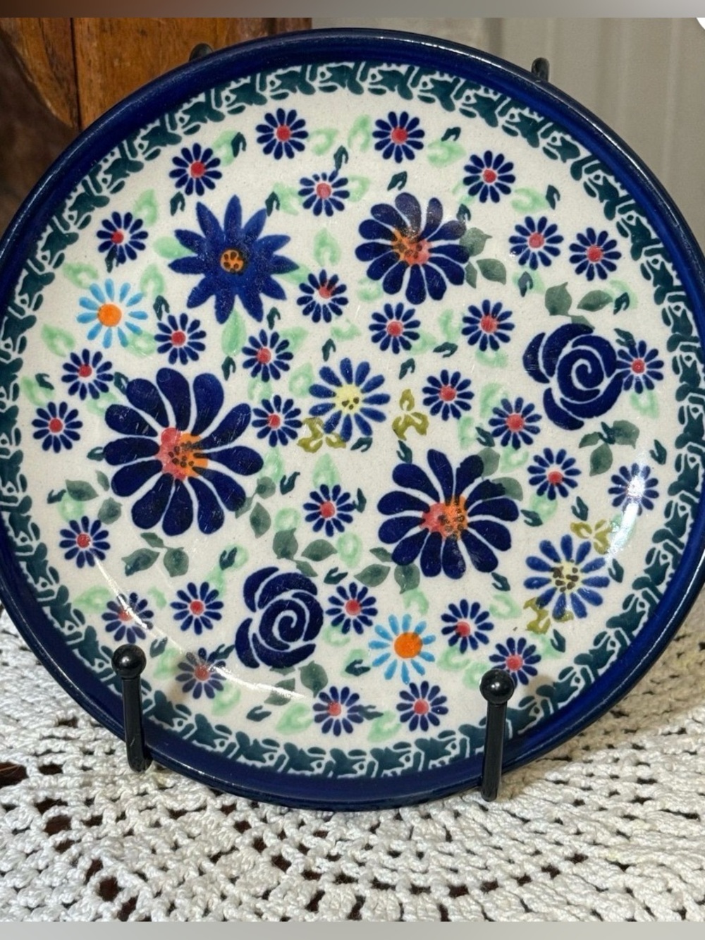 Polish Pottery Plate 6.5” Floral Ceramic Blue Cream Art Cottagecore Decor Dainty